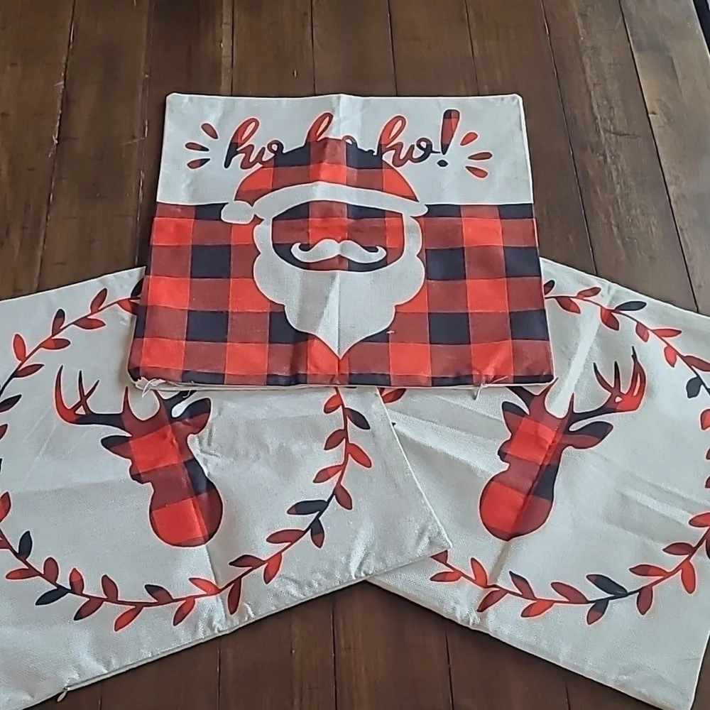 Christmas Buffalo Plaid Santa Reindeer Pillow covers Pack of 3